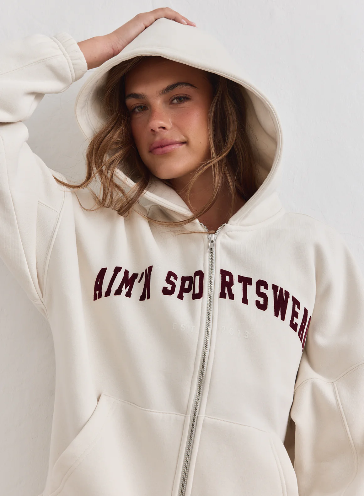 Cream Varsity Sweat Zip Hood - Image 3